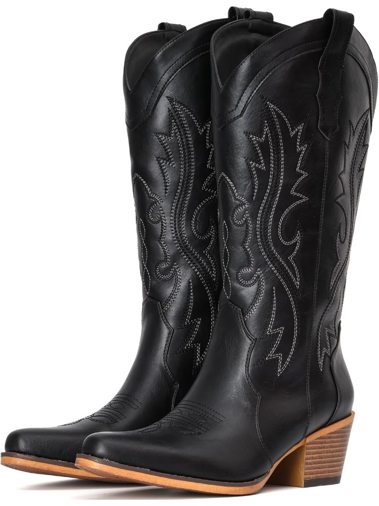 Women’s Black Slip-On Western Cowboy Mid-Calf Snip Toe Chunky Heel Low Instep